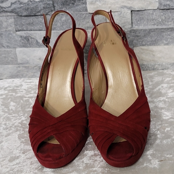 Stuart Weitzman Red Wine Velvet Peep Toe Sling Back Heel Sandals - Picture 2 of 9